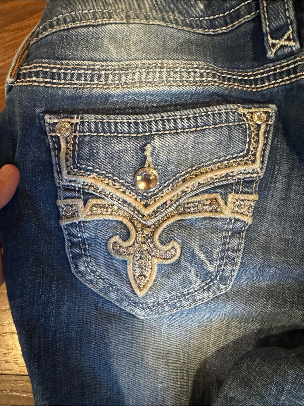 Rock Revival Blue Boot Cut Jeans with Embellished Back Pocket